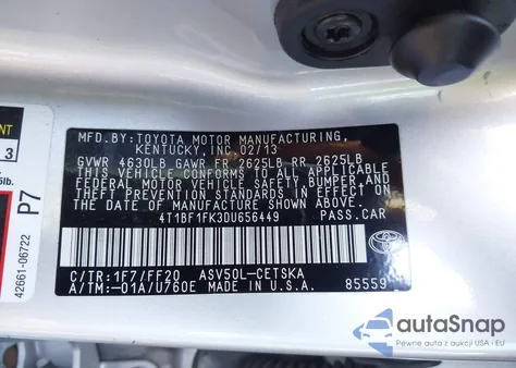 2013 Toyota Camry Se from USA, damaged, VIN 4T1BF1FK3DU656449
